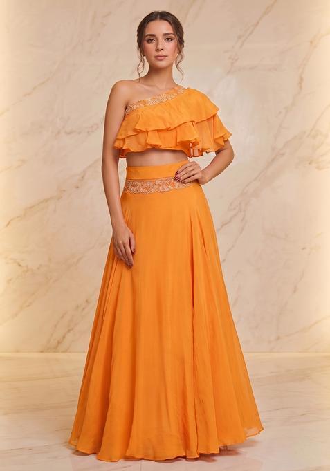 Saffron Embroidered Handwork Lehenga Set