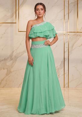 Mint Green Embroidered Handwork Lehenga Set