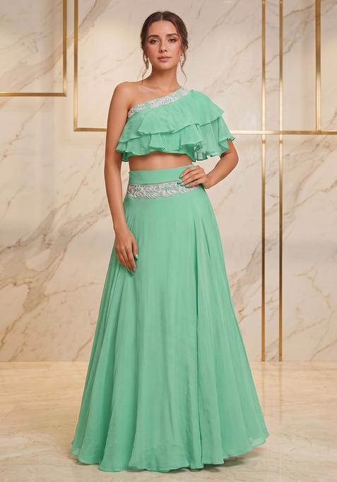 Mint Green Embroidered Handwork Lehenga Set