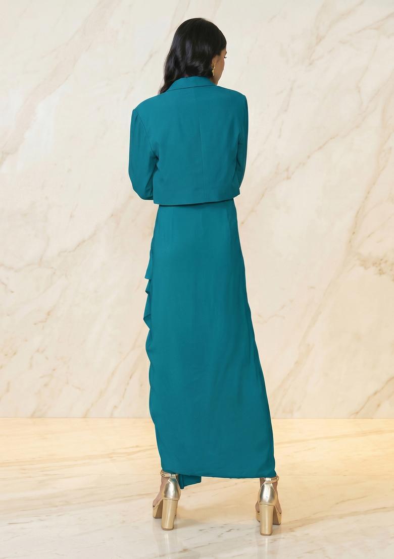 Teal Embroidered Handwork Fusion Set - Indya