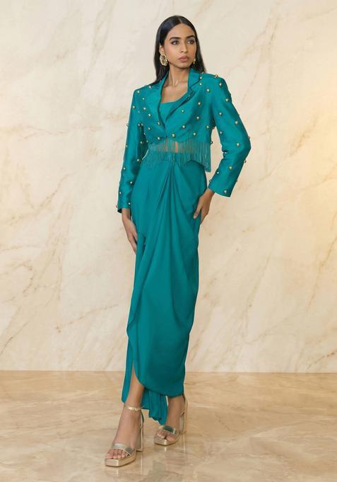 Teal Embroidered Handwork Fusion Set