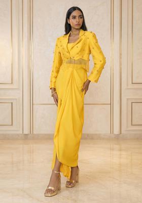 Mustard Embroidered Handwork Fusion Set