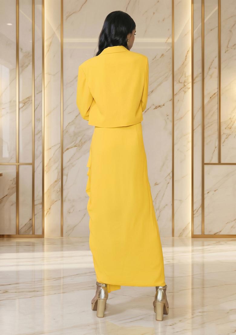 Mustard Embroidered Handwork Fusion Set - Indya