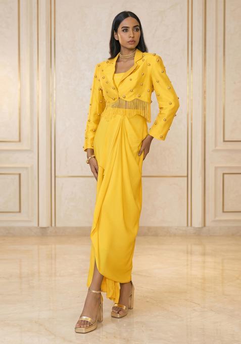 Mustard Embroidered Handwork Fusion Set