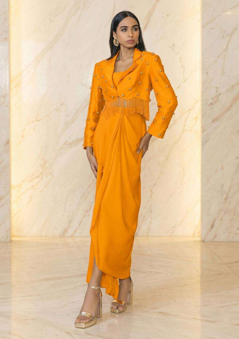 Saffron Embroidered Handwork Fusion Set for Diwali and Festive Wear - Indya