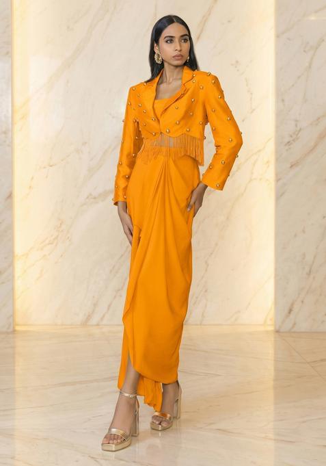 Saffron Embroidered Handwork Fusion Set