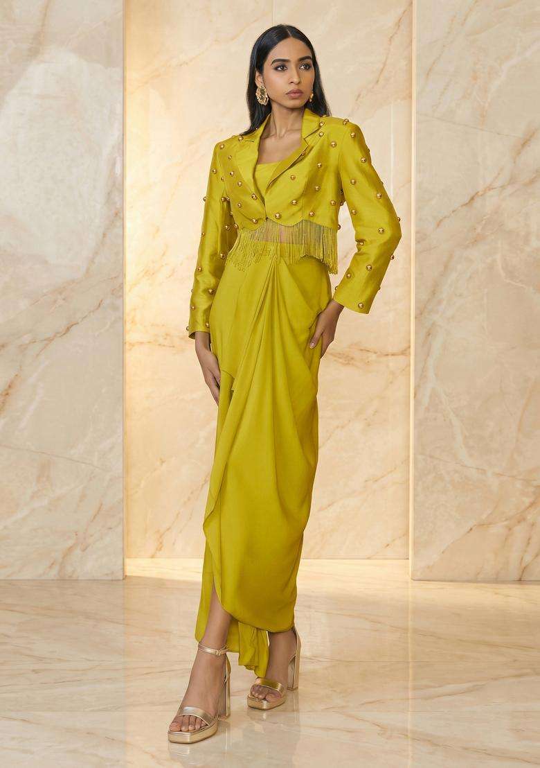 Olive Green Embroidered Handwork Fusion Set for Diwali and Festive Wear - Indya