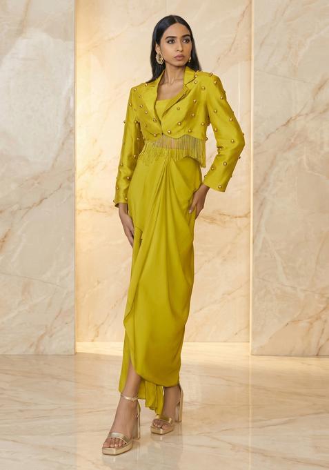 Olive Green Embroidered Handwork Fusion Set