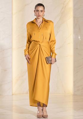 Mustard Embroidered Handwork Fusion Set