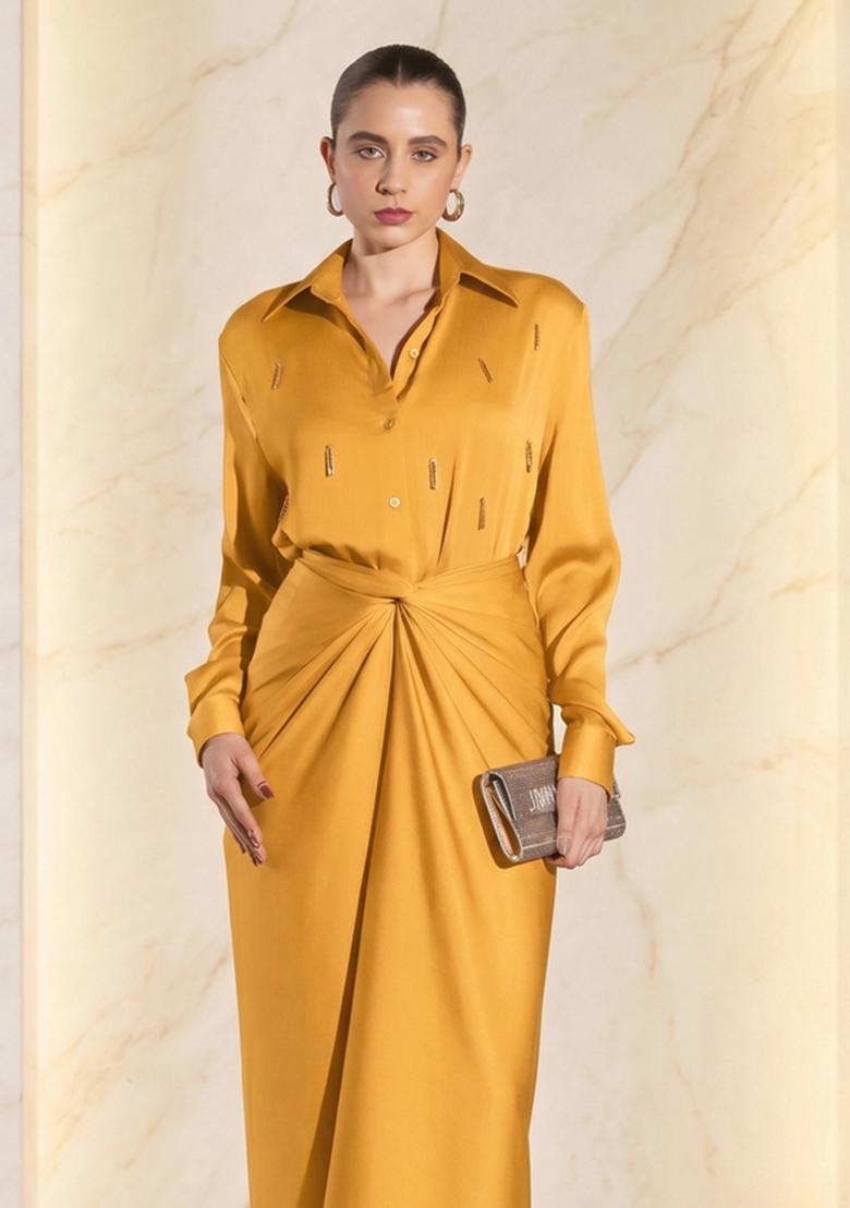 Mustard Embroidered Handwork Fusion Set - Indya