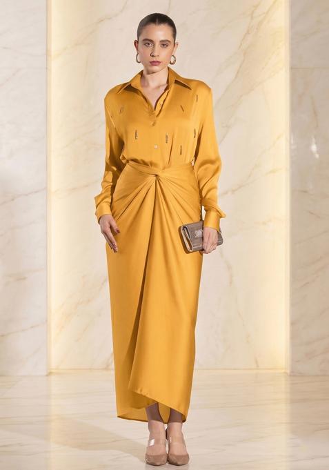 Mustard Embroidered Handwork Fusion Set