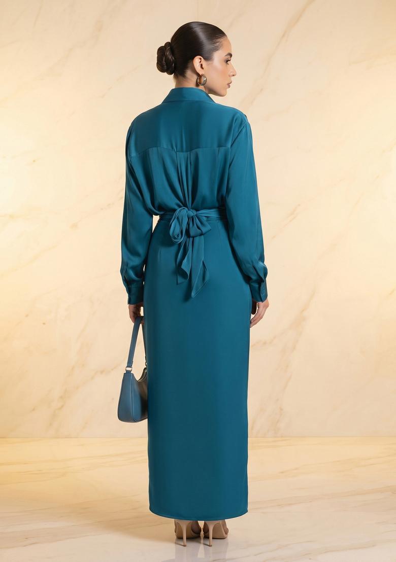 Teal Embroidered Handwork Fusion Set - Indya