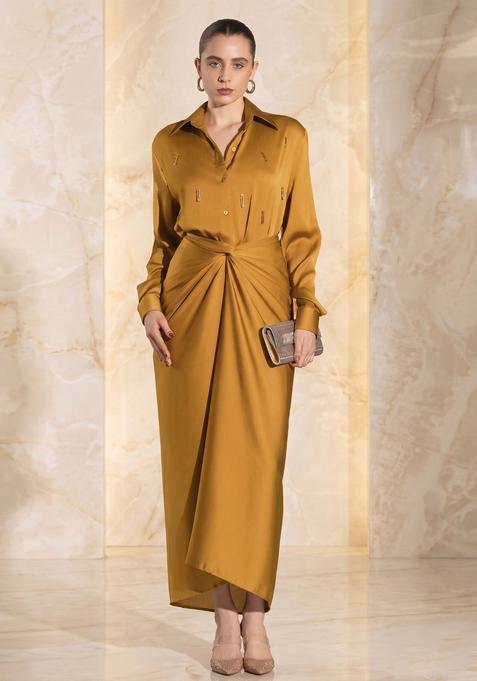 Mustard Embroidered Handwork Fusion Set