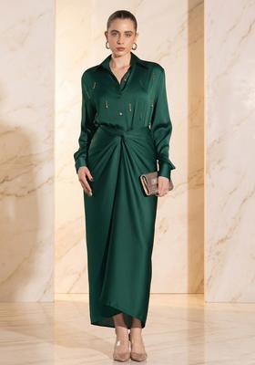 Bottle Green Embroidered Handwork Fusion Set