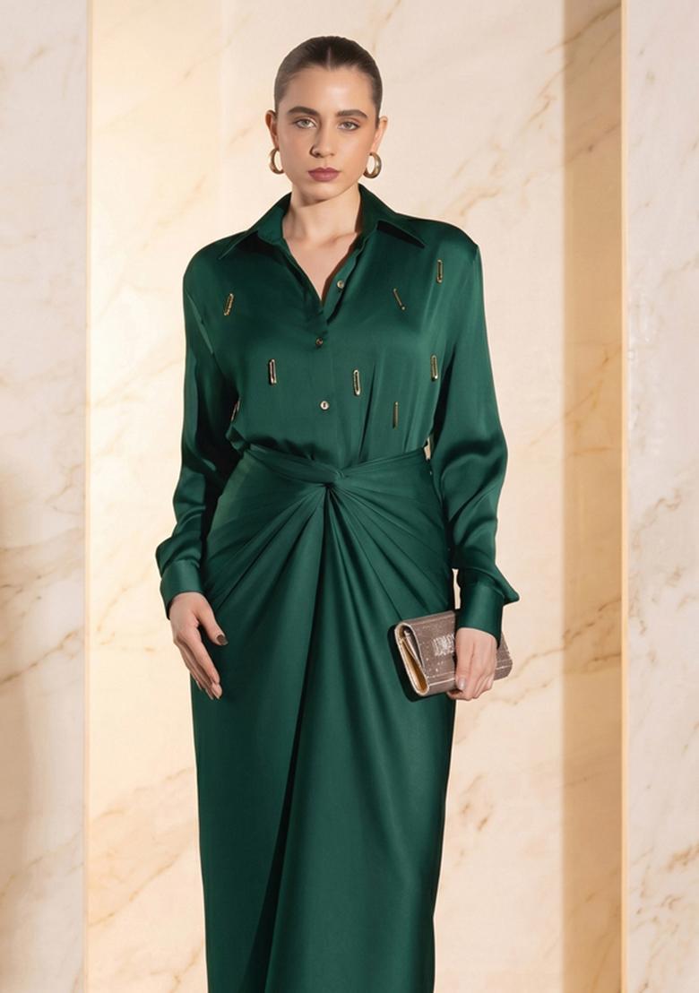 Bottle Green Embroidered Handwork Fusion Set - Indya