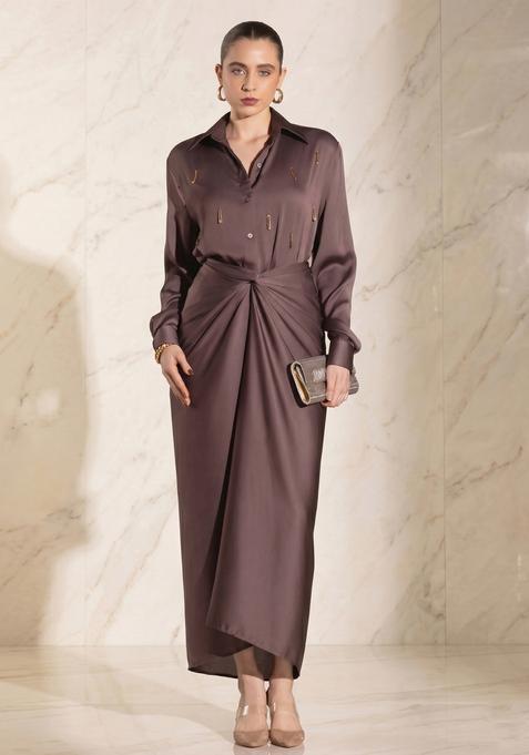 Taupe Brown Embroidered Handwork Fusion Set