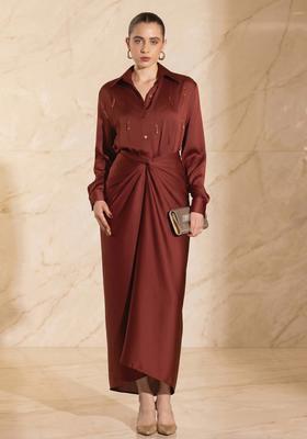 Brown Embroidered Handwork Fusion Set