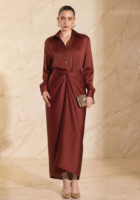 Brown Embroidered Handwork Fusion Set