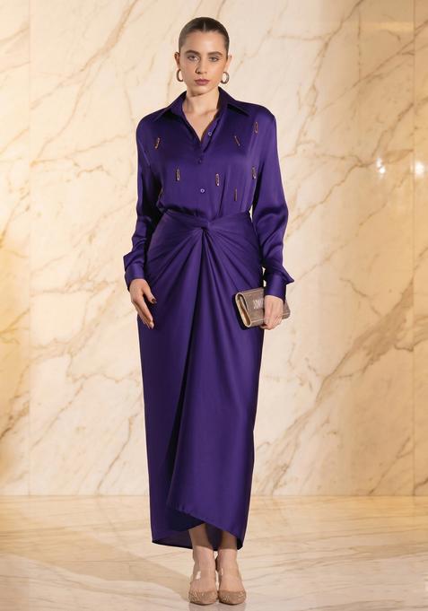 Purple Embroidered Handwork Fusion Set