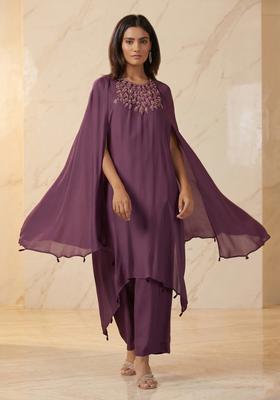 Mauve Embroidered Handwork Fusion Set