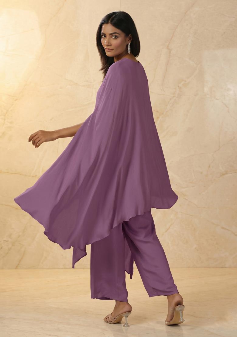 Mauve Embroidered Handwork Fusion Set - Indya