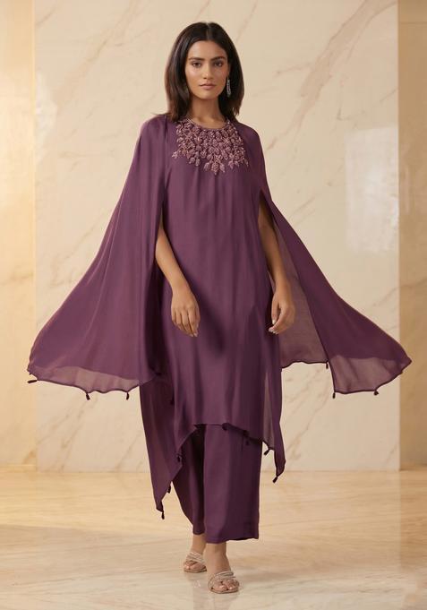 Mauve Embroidered Handwork Fusion Set