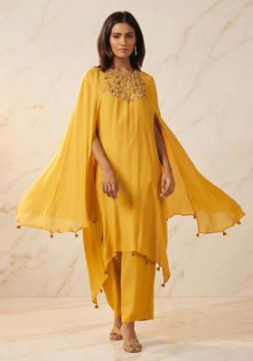 Mustard Embroidered Handwork Fusion Set