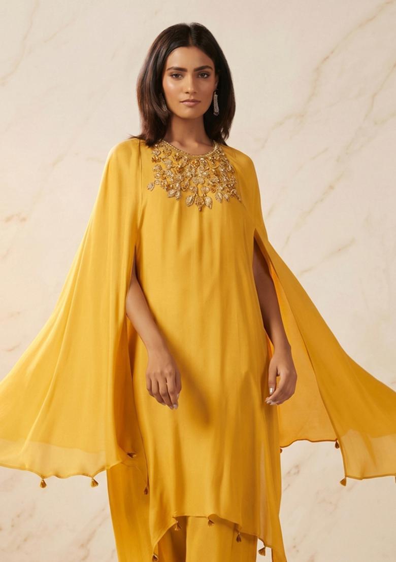 Mustard Embroidered Handwork Fusion Set - Indya