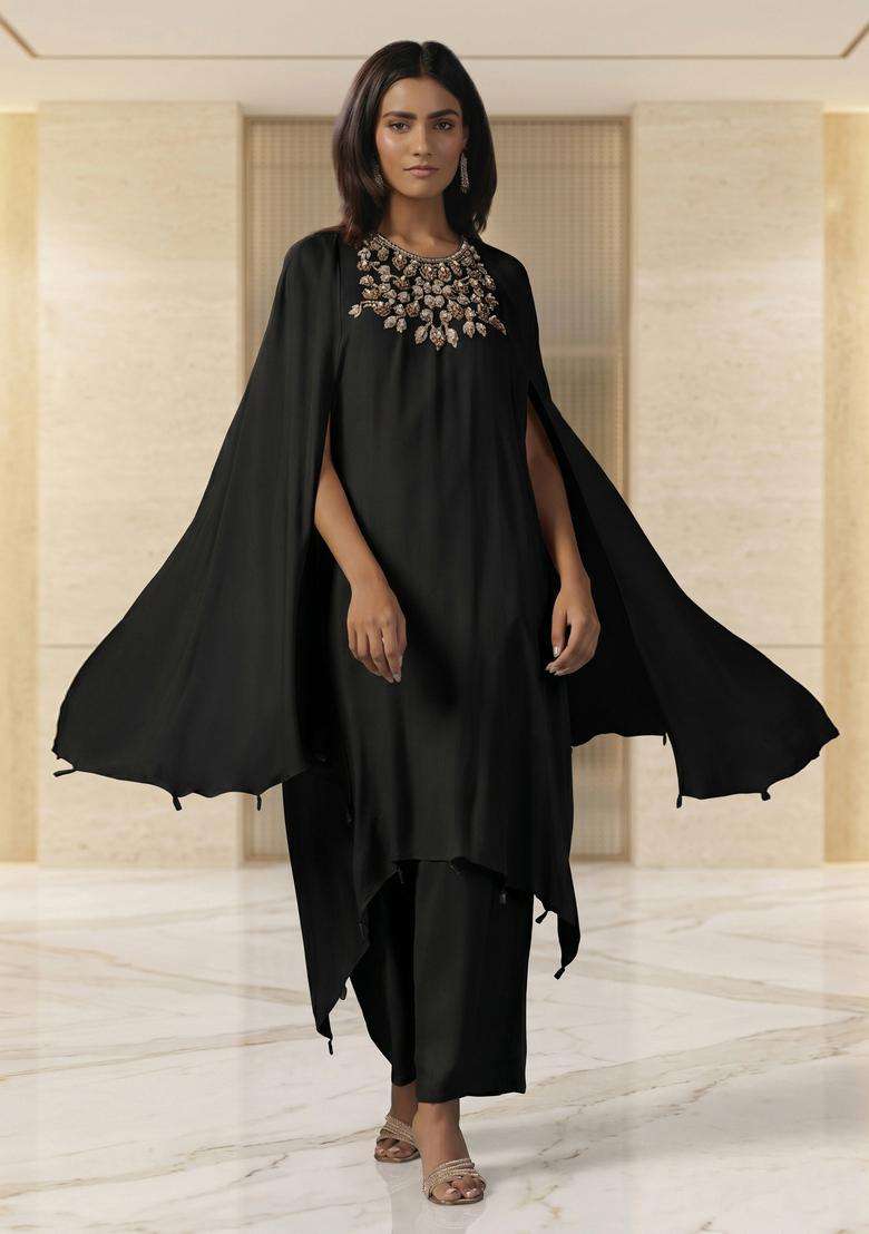 Black Embroidered Handwork Fusion Set - Indya