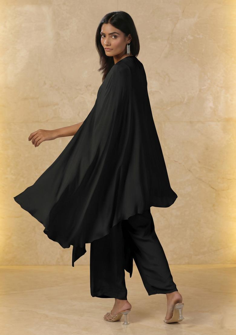 Black Embroidered Handwork Fusion Set - Indya