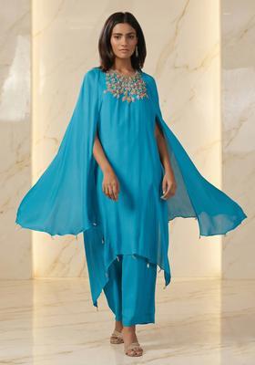 Aqua Blue Embroidered Handwork Fusion Set