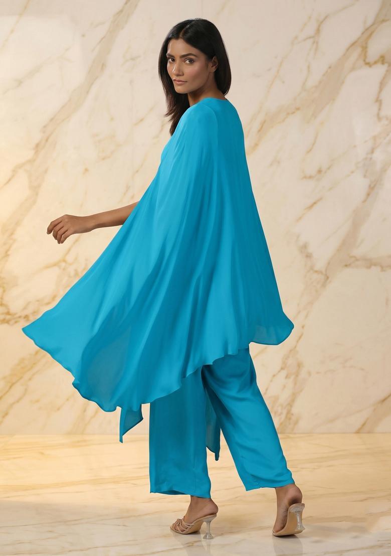 Aqua Blue Embroidered Handwork Fusion Set - Indya