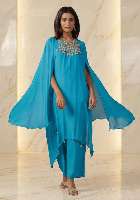 Aqua Blue Embroidered Handwork Fusion Set