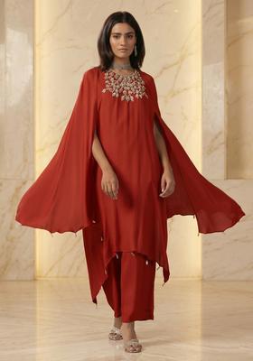 Red Embroidered Handwork Fusion Set