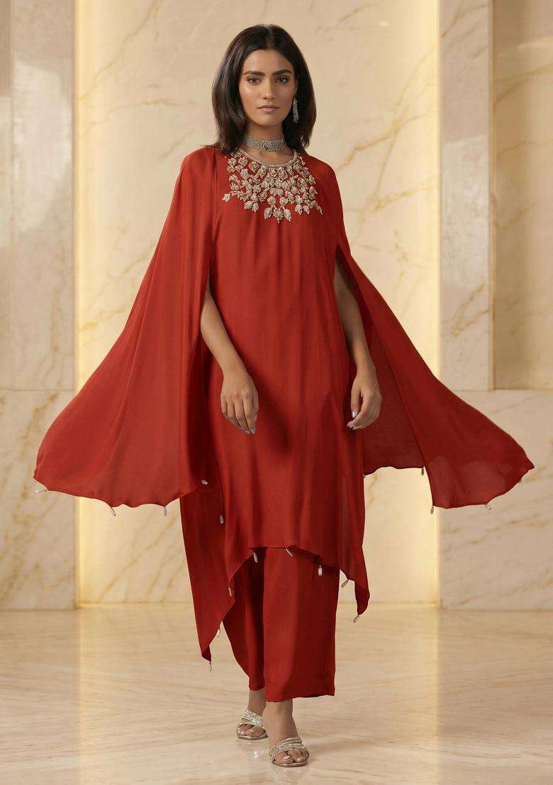 Red Embroidered Handwork Fusion Set - Indya
