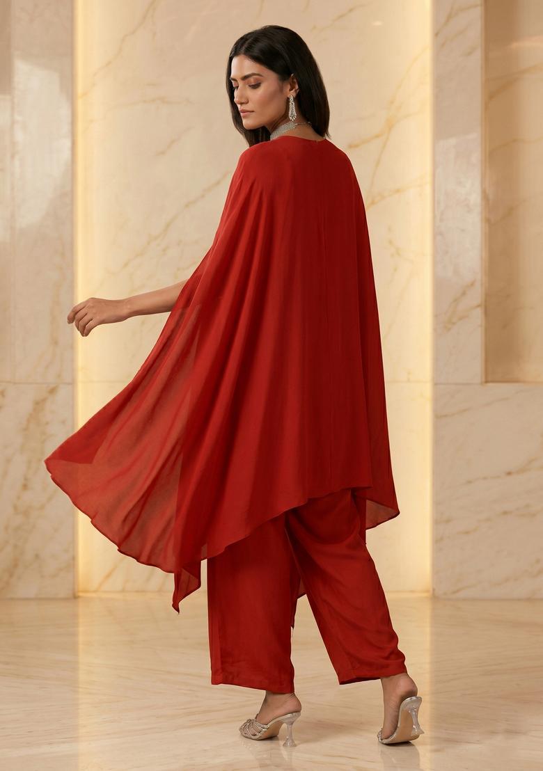Red Embroidered Handwork Fusion Set - Indya