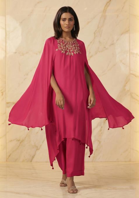 Pink Embroidered Handwork Fusion Set