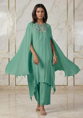 Mint Green Embroidered Handwork Fusion Set