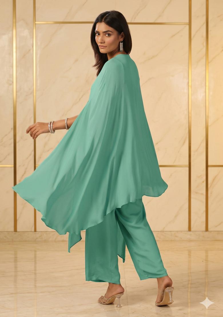 Mint Green Embroidered Handwork Fusion Set - Indya