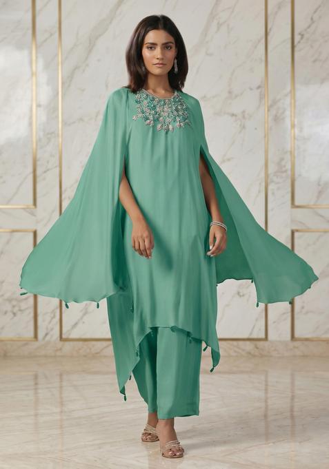 Mint Green Embroidered Handwork Fusion Set
