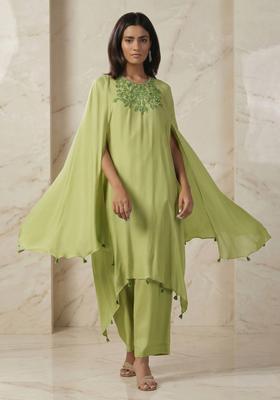 Pistachio Green Embroidered Handwork Fusion Set