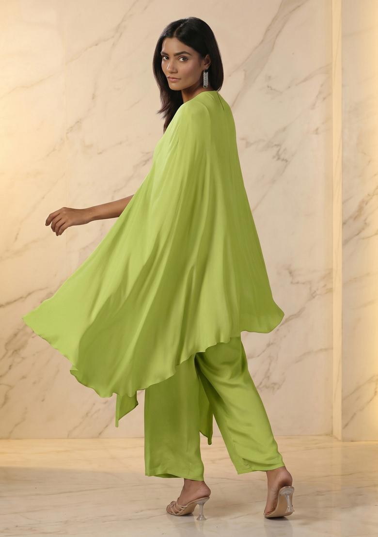 Pistachio Green Embroidered Handwork Fusion Set - Indya