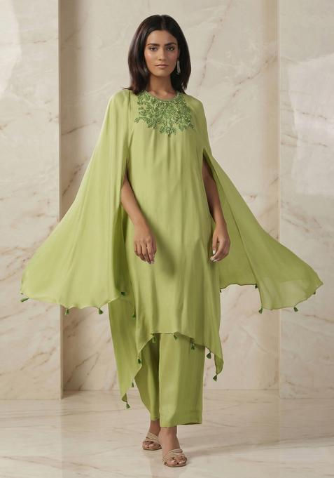 Pistachio Green Embroidered Handwork Fusion Set