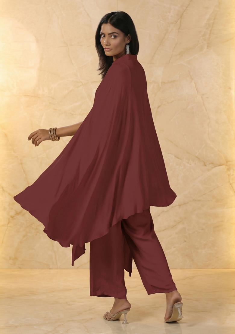 Dark Brown Embroidered Handwork Fusion Set - Indya