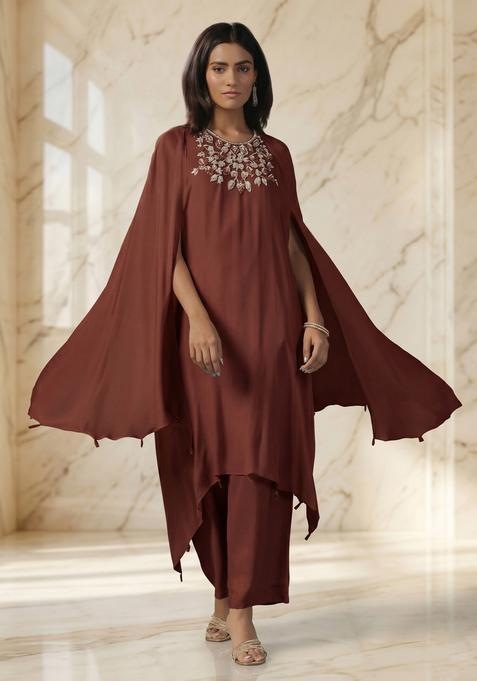 Dark Brown Embroidered Handwork Fusion Set