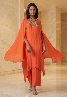 Orange Embroidered Handwork Fusion Set