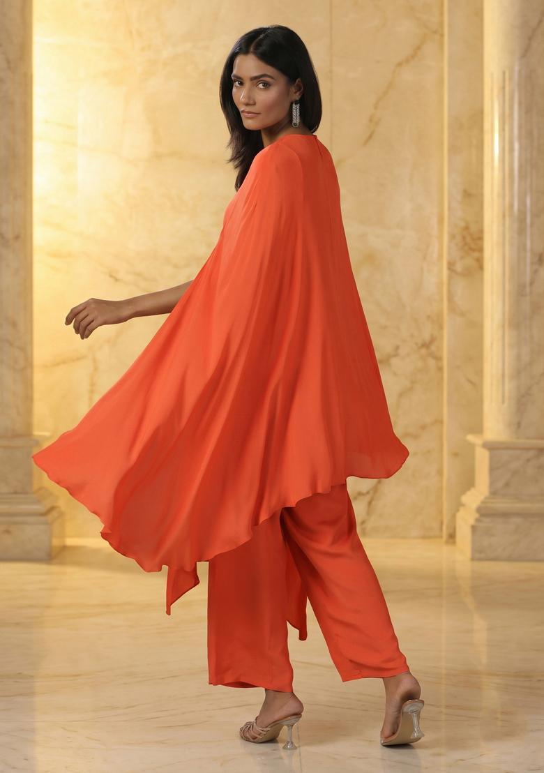Orange Embroidered Handwork Fusion Set - Indya