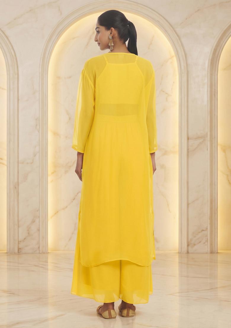 Sunshine Yellow Embroidered Handwork Fusion Set - Indya