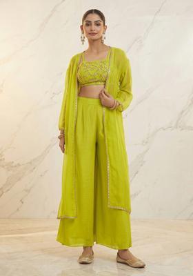 Lime Green Embroidered Handwork Fusion Set