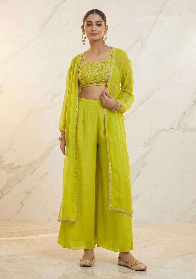 Lime Green Embroidered Handwork Fusion Set - Indya